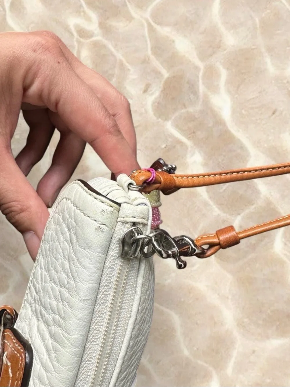 Coach Soho White Pebbled Leather Wristlet Wallet with Tan Buckle Accent